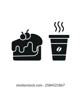 Coffee paper cup drink and cheesecake food icon in flat style, featuring a to-go coffee cup and a strawberry-topped cheesecake slice.