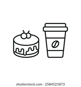 Coffee paper cup drink and cheesecake food icon in flat style, featuring a to-go coffee cup and a strawberry-topped cheesecake slice.