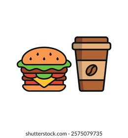 Coffee paper cup drink and hamburger food icon illustrated in a playful cartoon style bursting with vivid colors