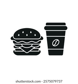 Coffee paper cup drink and hamburger food icon illustrated in a playful cartoon style bursting with vivid colors