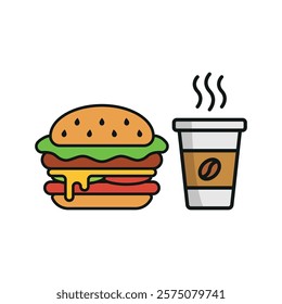 Coffee paper cup drink and hamburger food icon illustrated in a playful cartoon style bursting with vivid colors