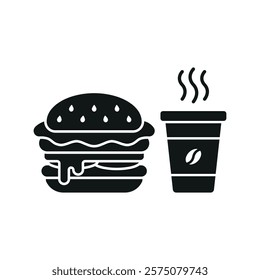 Coffee paper cup drink and hamburger food icon illustrated in a playful cartoon style bursting with vivid colors