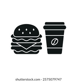 Coffee paper cup drink and hamburger food icon illustrated in a playful cartoon style bursting with vivid colors