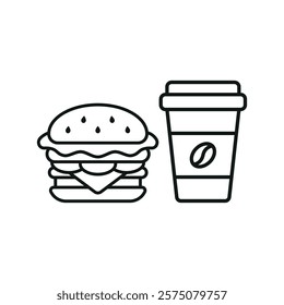 Coffee paper cup drink and hamburger food icon illustrated in a playful cartoon style bursting with vivid colors