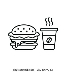 Coffee paper cup drink and hamburger food icon illustrated in a playful cartoon style bursting with vivid colors