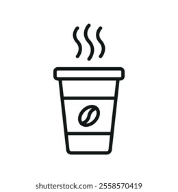 Coffee paper cup drink icon, a sleek and modern vector illustration featuring a takeaway cup with a secure lid and minimalistic