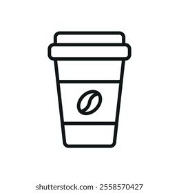 Coffee paper cup drink icon, a sleek and modern vector illustration featuring a takeaway cup with a secure lid and minimalistic