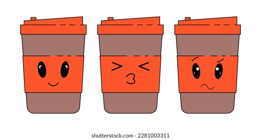 Coffee paper cup emoticons set with different faces and expressions. Vector