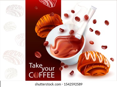 Coffee in a paper Cup. Falling coffee beans.Bag of sugar. Pastry. Poppy seed bun. Butter roll. Confectionery. Vector illustration. 