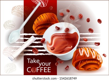 Coffee in a paper Cup. Falling coffee beans.Bag of sugar. Pastry. Poppy seed bun. Butter roll. Confectionery. Vector illustration. 