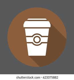 Coffee paper cup flat icon. Round colorful button, circular vector sign with long shadow effect. Flat style design