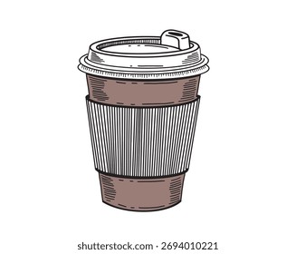 Kaffee in einer Papiertasse, handgezeichnet auf Weiß	