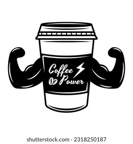 Coffee paper cup with hands show biceps vector black and white illustration