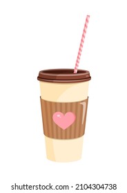 Coffee paper cup with heart for postcard, textile, decor, poster, banner. Vector illustration of a plastic cup with a straw. Greeting card for Valentine's Day and other holidays.