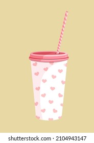 Coffee paper cup with hearts for postcard, textile, decor, poster, banner. Vector illustration of a plastic cup with a straw. Greeting card for Valentine's Day and other holidays.