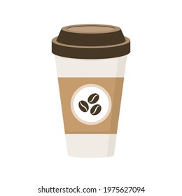 Coffee paper cup isolated on white background. Coffe icon. Takeaway energy drink. Coffee bean concept. Cappuccino long mug. Breakfast food. Online delivery. Plastic container. Vector illustration.