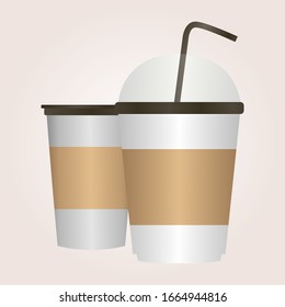 Coffee paper cup with label. White plastic container for drink. Latte, mocha or cappuccino cup for cafe. Vector cover.