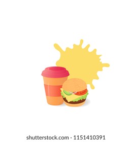 Coffee in a paper cup with a lid and a cheeseburger. American Fast Food.