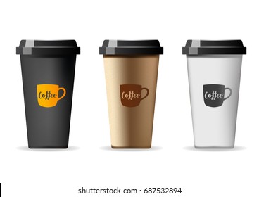 Coffee paper cup with lid and space for brand name. 3D isolated model of brown cardboard with shadow. Vector illustration for cafe menu or product package design