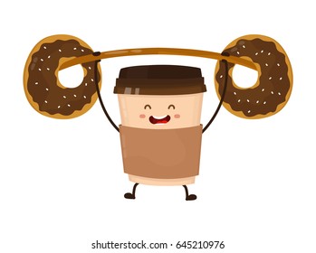 Coffee paper cup lifts the barbell with donuts, make gym vector flat style cartoon fun character illustration. Cute happy icon.  Take away coffee, cafe concept. Isolated on white background