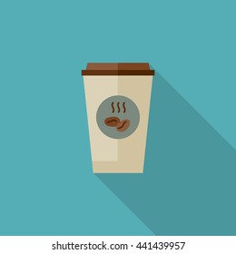 Coffee paper cup with long shadow. Flat illustration of coffee paper cup.