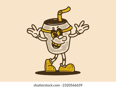 Coffee paper cup mascot character walking with happy face, drawing in vintage style