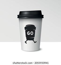 Broma en la taza de papel para café. Café aislado sobre fondo blanco con el logo Take Away. Ilustración 3d realista del vector