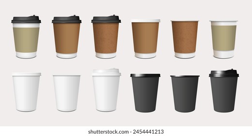 Coffee paper cup, mug mockups, cardboard and plastic package with lids. Realistic isolated vector elements. Disposable coffee cups, mugs for hot drinks from white, brown and black paper