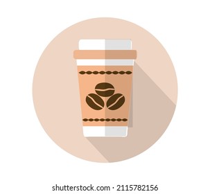 Café en una taza de papel, con un patrón en el embalaje, tonos beige y marrón, icono en un círculo, para diseño e impresión