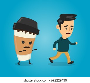 Coffee paper cup runs over man guy. Nightmare for health. Vector flat cartoon character isolated illustration icon. Healthcare,caffeine addiction  concept