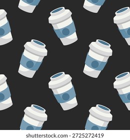 Taza de papel de café diseño de patrón transparente sobre fondo oscuro. Café para llevar, quitar el concepto. Vidrio blanco con etiqueta azul. Ilustración vectorial