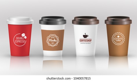 Tubo de papel para café con etiqueta. Recipiente de plástico marrón para beber. Latte, mocha o capuchino para café. Tapa vectorial.