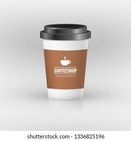 Coffee paper cup set with label. Brown plastic container for drink. Latte, mocha or cappuccino cup for cafe. Vector cover.