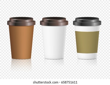 Coffee paper cup set with label. Brown plastic container for drink. Latte, mocha or cappuccino cup for cafe. Vector cover.