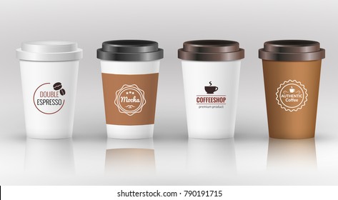 Coffee paper cup set with label. Brown plastic container for drink. Latte, mocha or cappuccino cup for cafe. Vector cover