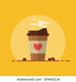 Coffee paper cup with steam. Coffee beans. Flat design. Vector illustration.