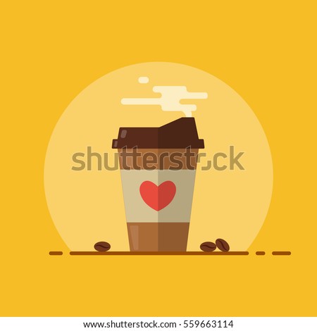 Coffee paper cup with steam. Coffee beans. Flat design. Vector illustration.