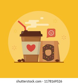 Coffee paper cup with straw, chocolate donut in the package. Breakfast takeaway. Coffee to go. Flat design. Vector illustration.