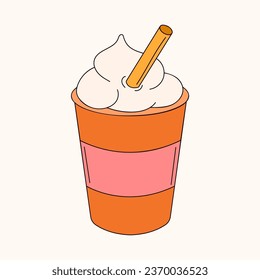 Coffee in paper cup with straw and cream. Line art style. Vector illustration isolated on a white background.