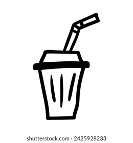 Coffee paper cup with straw vector icon in doodle style. Symbol in simple design. Cartoon object hand drawn isolated on white background.