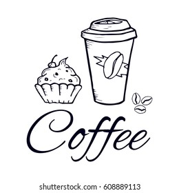 Coffee paper Cup and sweets in the graphic style. Vector isolated image. Sketch. For cafes, shops, web, print.
