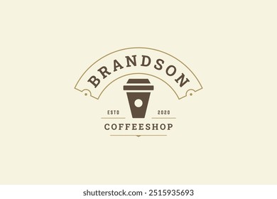 Coffee paper cup take away cafeteria retro logo design template vector flat illustration. Coffeeshop hot morning breakfast caffeine aroma beverage creative minimalist logotype with decor element