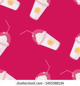 Coffee In Paper Cup Take-away Seamless Pattern. Summer Cold Frappuccino Coffee With Whipped Cream. On A Pink Background