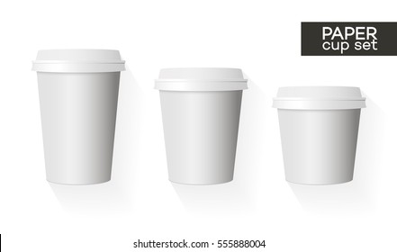 Coffee paper cup template set white color and shadow isolated on background use for your corporate identity design brand coffee shop, coffee house, restaurant, cafe and other. Vector Illustration