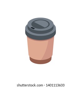 Coffee paper cup. Vector 3d isometric color icon new flat style. Creative illustration, idea for infographics.