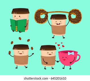 Coffee paper cup vector flat style cartoon fun illustration set. Cute happy icons.  Take away coffee, cafe concept