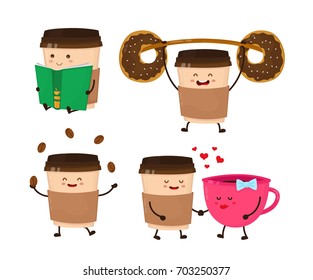 Coffee paper cup vector flat style cartoon fun illustration set. Cute happy icons.  Take away coffee, cafe concept. Read book, gym, date, juggling beans