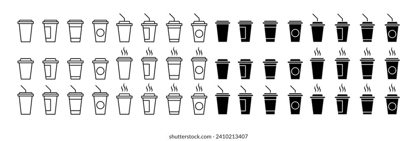 Juego de iconos vectoriales del vaso de papel para café. símbolo de plástico para tomar café.