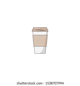 Coffee paper cup vector illustration. Flat linear image of white paper cup for hot drinks with beige thermo cover. Isolated on white.