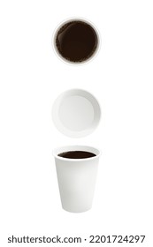 Coffee in paper cup. White cardboard mug filled with hot americano with tart bitter flavor and aroma. Design element for web or coffee shop menu. Realistic 3D vector set isolated on white background